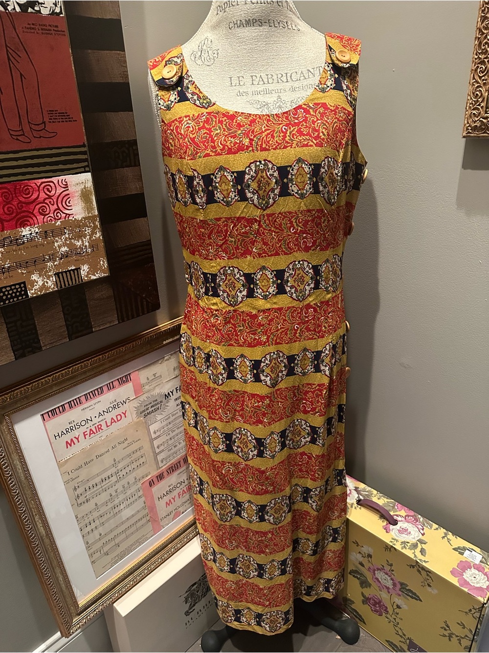 Sleeveless Maxi Dress in Rust and Gold with Side Buttons